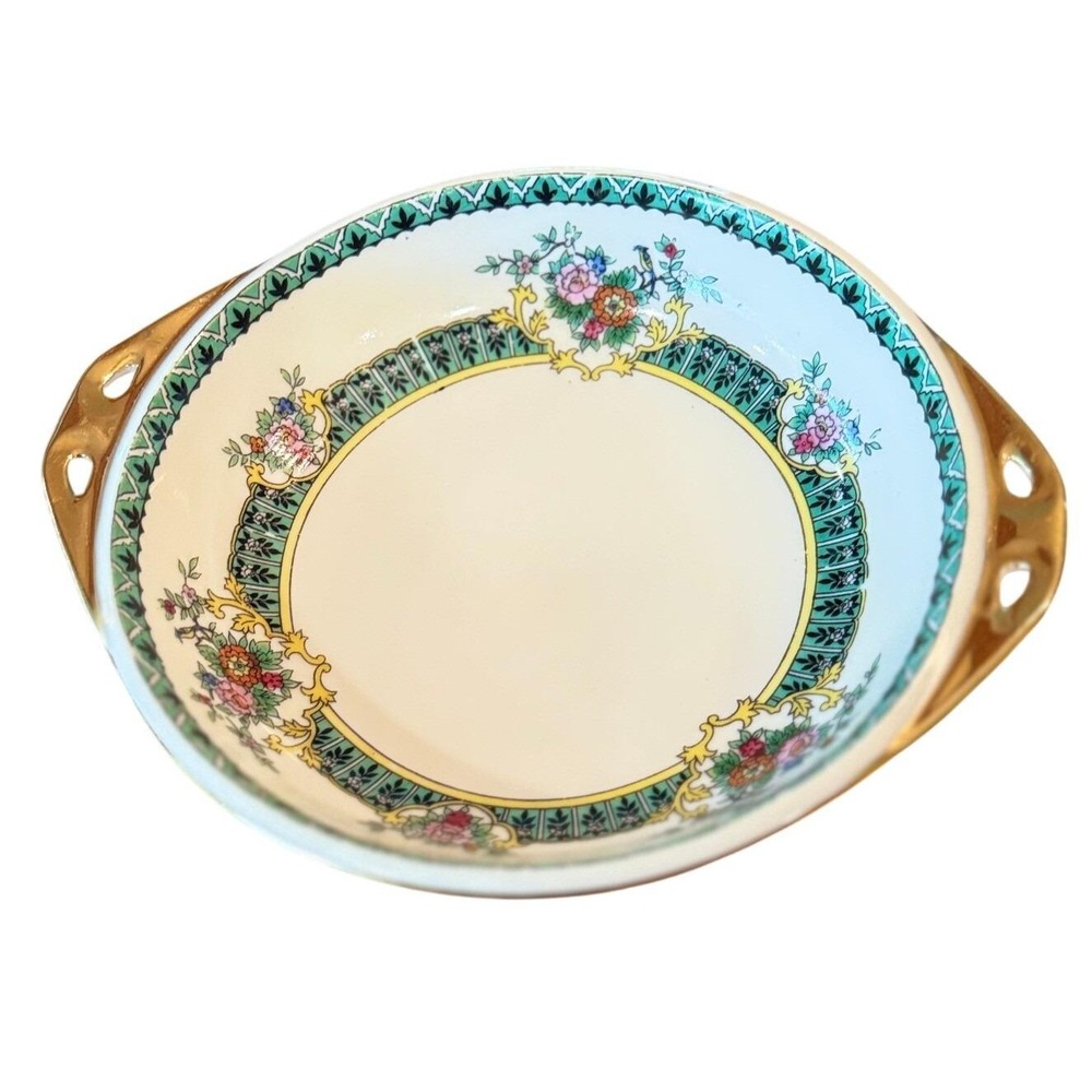Noritake Hand Painted Floral Bird Bowl Gold Gilded Handles Morimura M Mark 8"